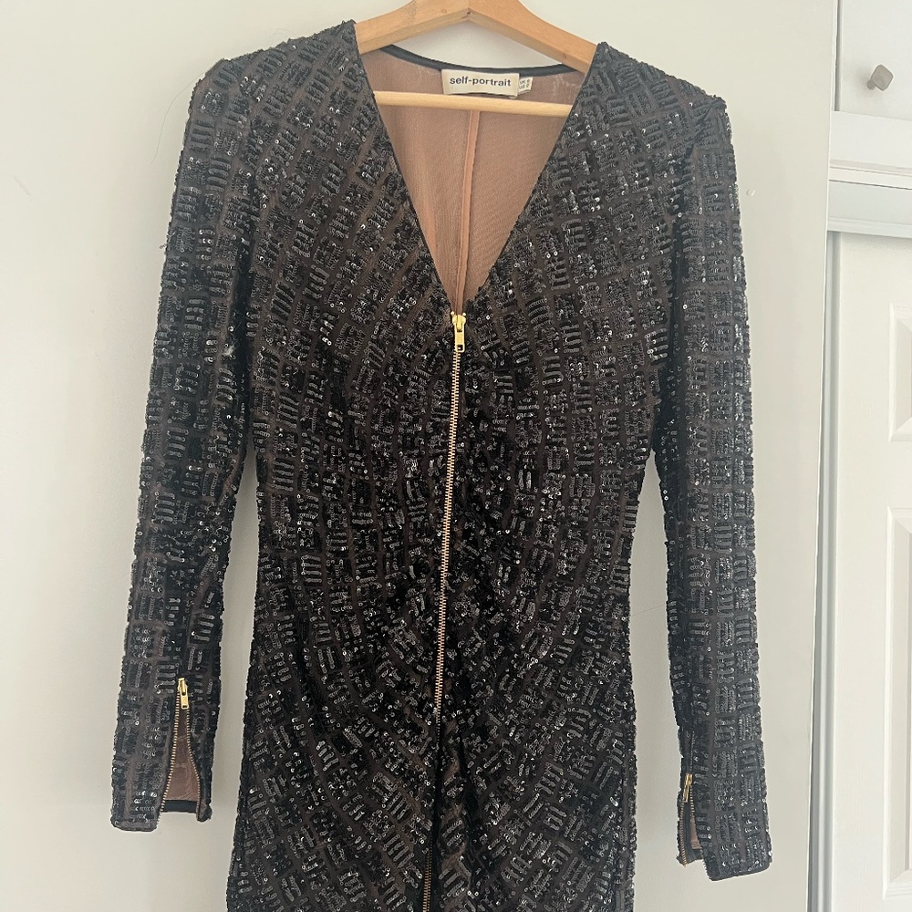 Self-Portrait Black Sequined Zipper Mini Dress with Long Sleeves Size 2
